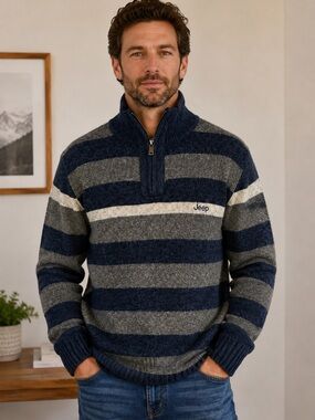 Jeep 100% Wool Striped Half Zip Sweater Blue Gray Pullover Men’s